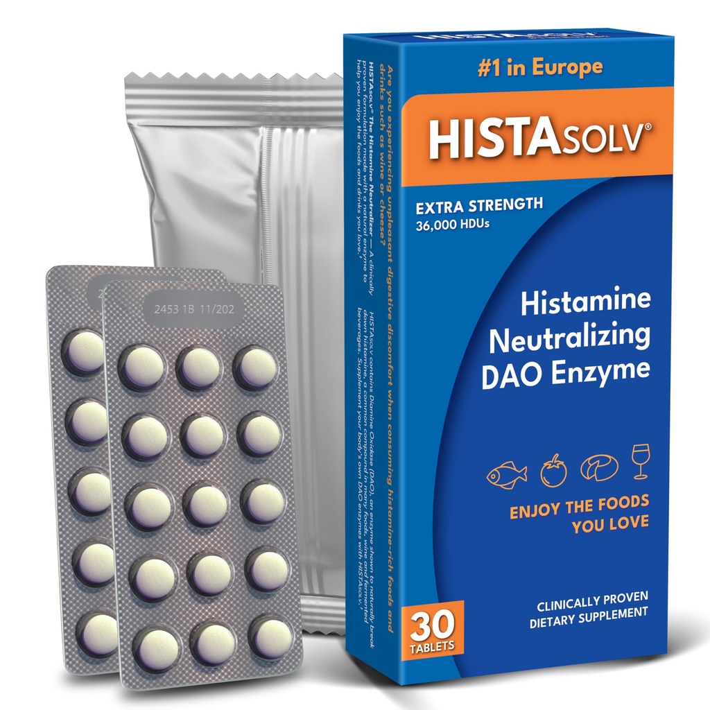 HISTAsolv Extra Strength DAO Enzym-Ergänzung für Histamin Food Intolerance - Eases Digestive Discomfort - Patented Tech - Made in Austria - 30 Pack