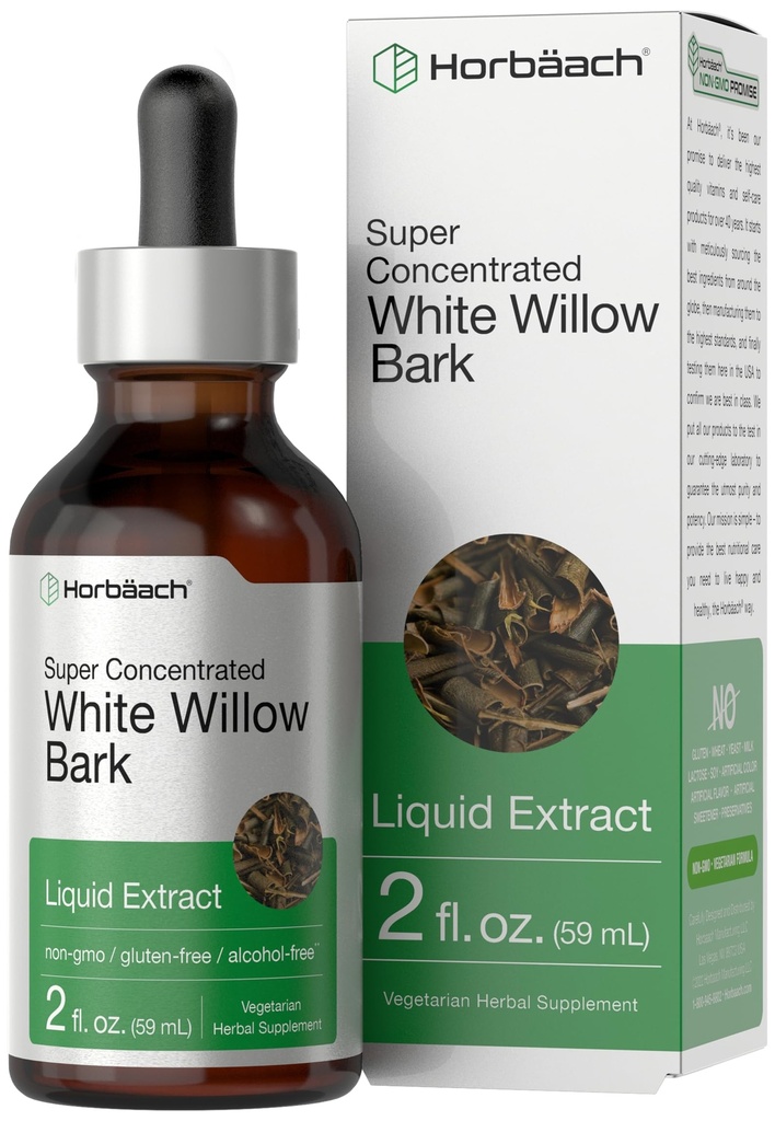 Horbäach White Willow Bark Extract Tincture | 2 Fl oz | Alcohol Free Liquid Supplement | Super Concentrated | Vegetariano, Non OGM, Gluten Free