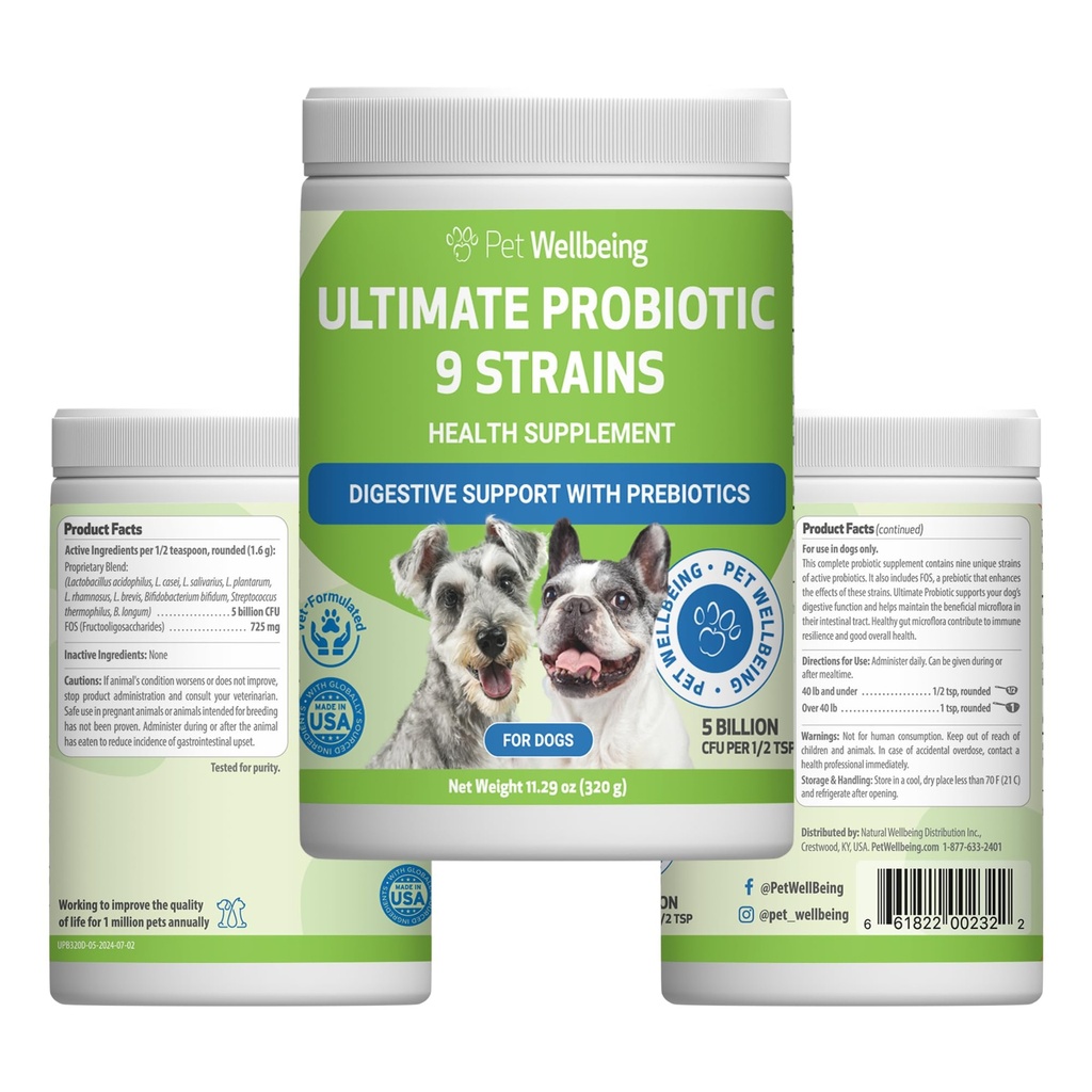 Pet Wellbeing Ultimate Probiotic 9 Strains for Dogs & Cats - Supports The Gut Microbiome and Digestion, Immune System Care, Urinary Tract Health, FOS, 2.5 Billion CFU - 11,29 oz (320 g) Polvere