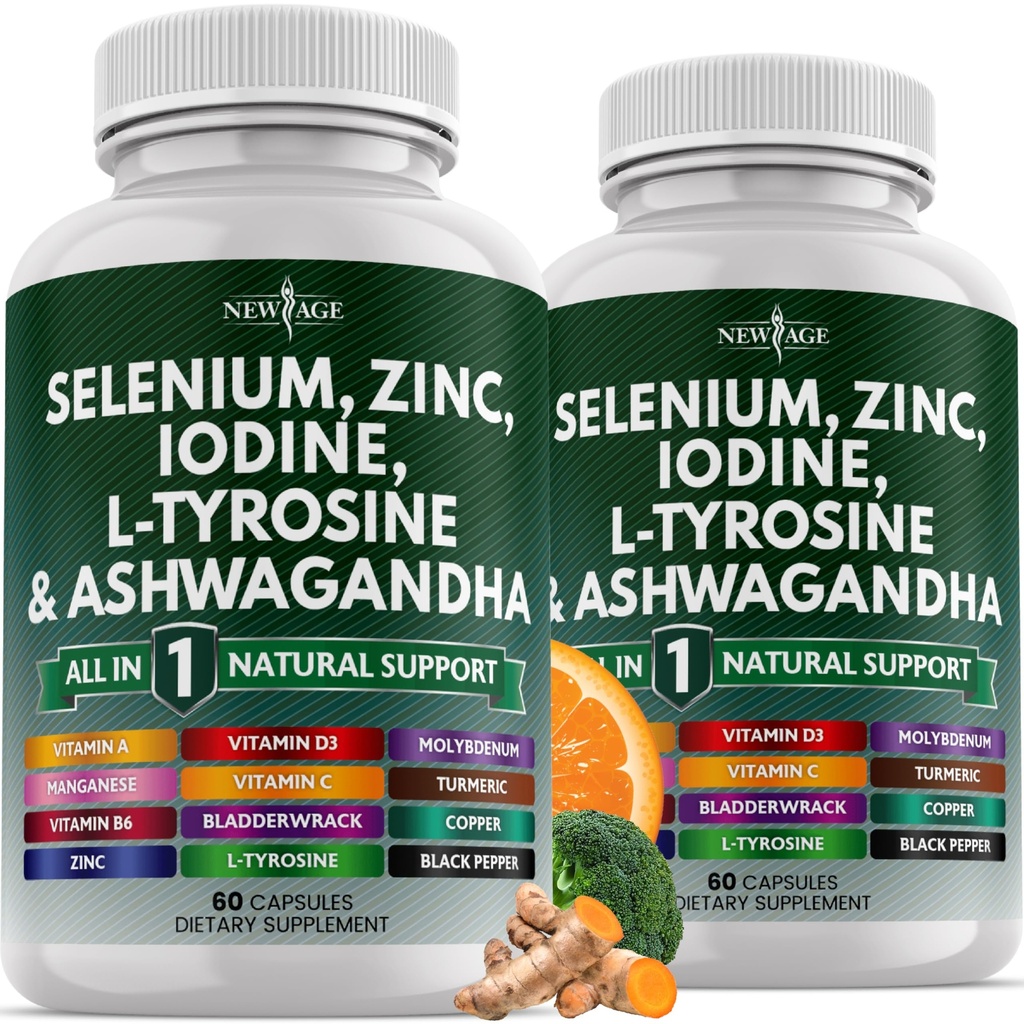 NUOVA AGE Selenio, Zinco, Iodio, L Tyrosine, Ashwagandha - Supplemento per donne e uomini con vescica, curcuma, silice Kelp, Schisandra - 120 Conte