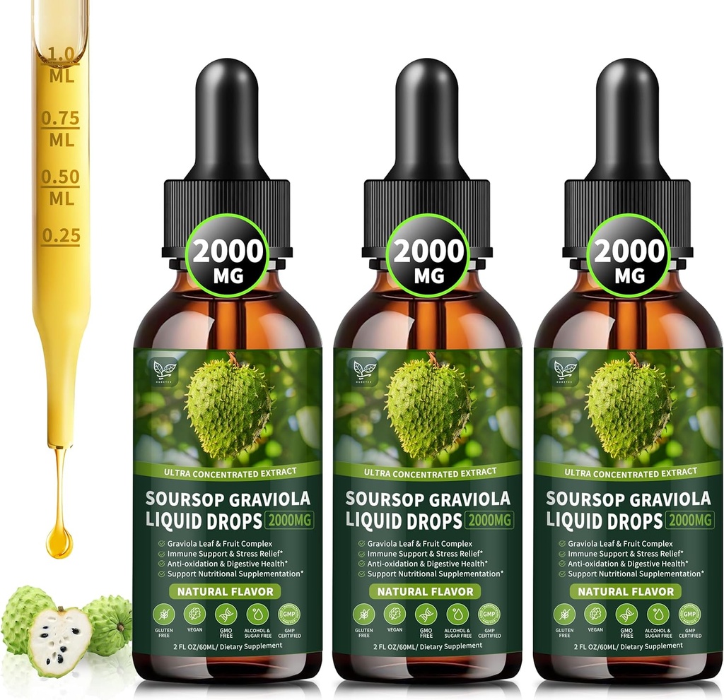 (3 Pack) Soursop Graviola Liquid Drops 2000mg, 98% Assorbimento per Cell Support & Regeneration, Immune Boost, Liver, Herbal Goodness, Soursop Bitters Liquid-Sugar/Gluten Free, Natural Flavor, 6 Fl Oz