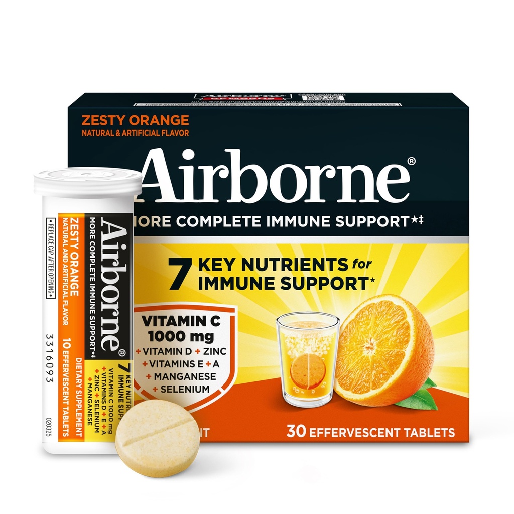 Airborne 1000mg Vitamin C + Zinkzucker Kostenlose Multivitamin Immununterstützung Effervescent Fizzy Drink Tablets, Zesty Orange Flavor mit leistungsstarken Antioxidantien Vitamine A C & E, 30 Tabletten