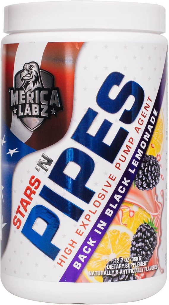 'Merica Labz Stars 'N Pipes High Explosive Pump Agent, Stimulant-Free, 6G von L-Citrulline, 20 Servierungen (Back in Black Lemonade)