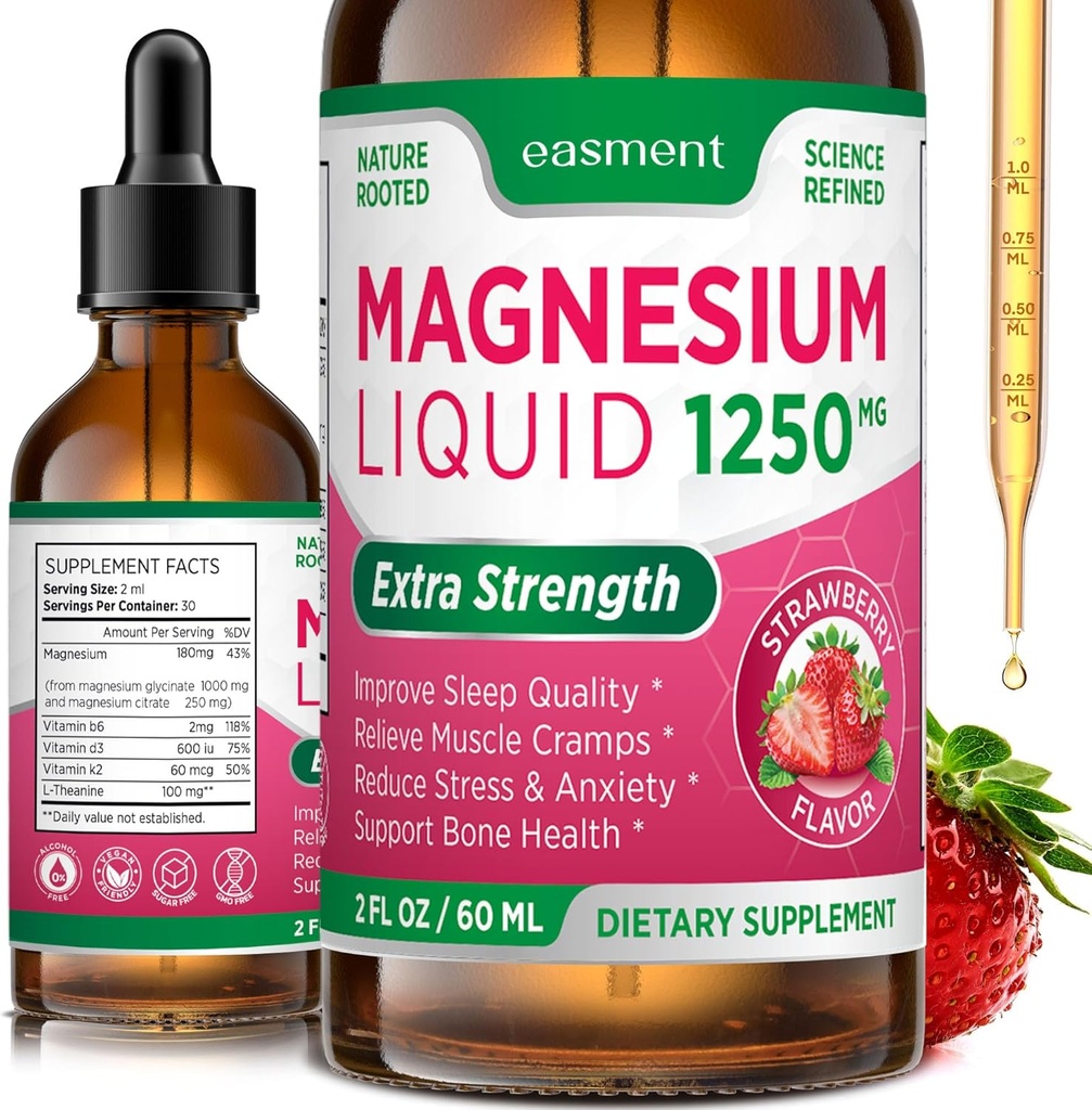 Magnesium Glycinat und Citrate Flüssigkeit für Frauen: 1250mg Magnesium, Vitamin B6, D3, K2, & L-Theanin für Muskelentspannung, Schlafunterstützung & Gesamt Wellness von Frauen und Männern (2 Fl Oz (Pack von 1))