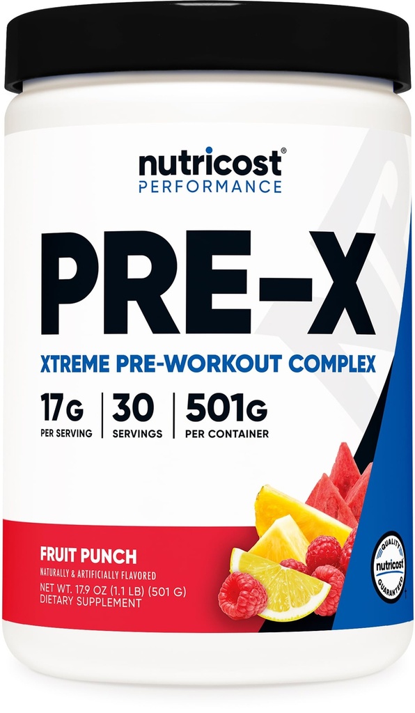 Nutricost Pre-X Xtreme Pre-Workout Complex Powder, Fruit Punch, 30 Serve, Vegetariano, Non OGM e Gluten Free