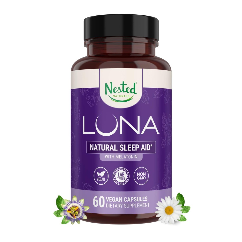Nested Naturals Luna Sleep Aid - Non-Habit Forming Natural Sleeping Pills für Erwachsene mit natürlichen Inhaltsstoffen - Valerian Root, Melatonin, Kamille, Zitronenbalsam und mehr - 60 Vegan Capsules
