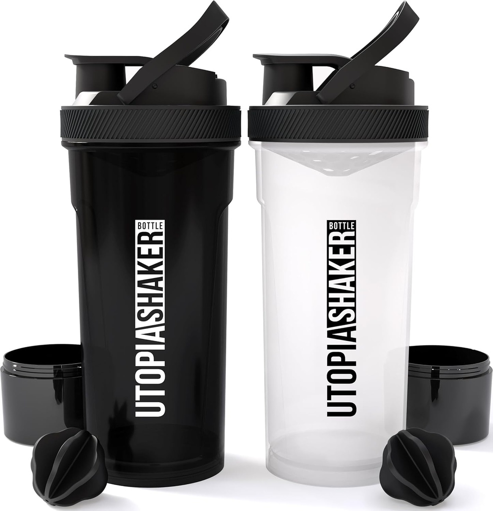 Utopia Home Shaker Bouteille 2 Pack - 24 Ounce Plastic Protein or Cocktail Shaker Bouteille pour pré-entraînement et post-entraînement avec Twist & Lock Protein Box Storage (Tous noir & clair / noir)