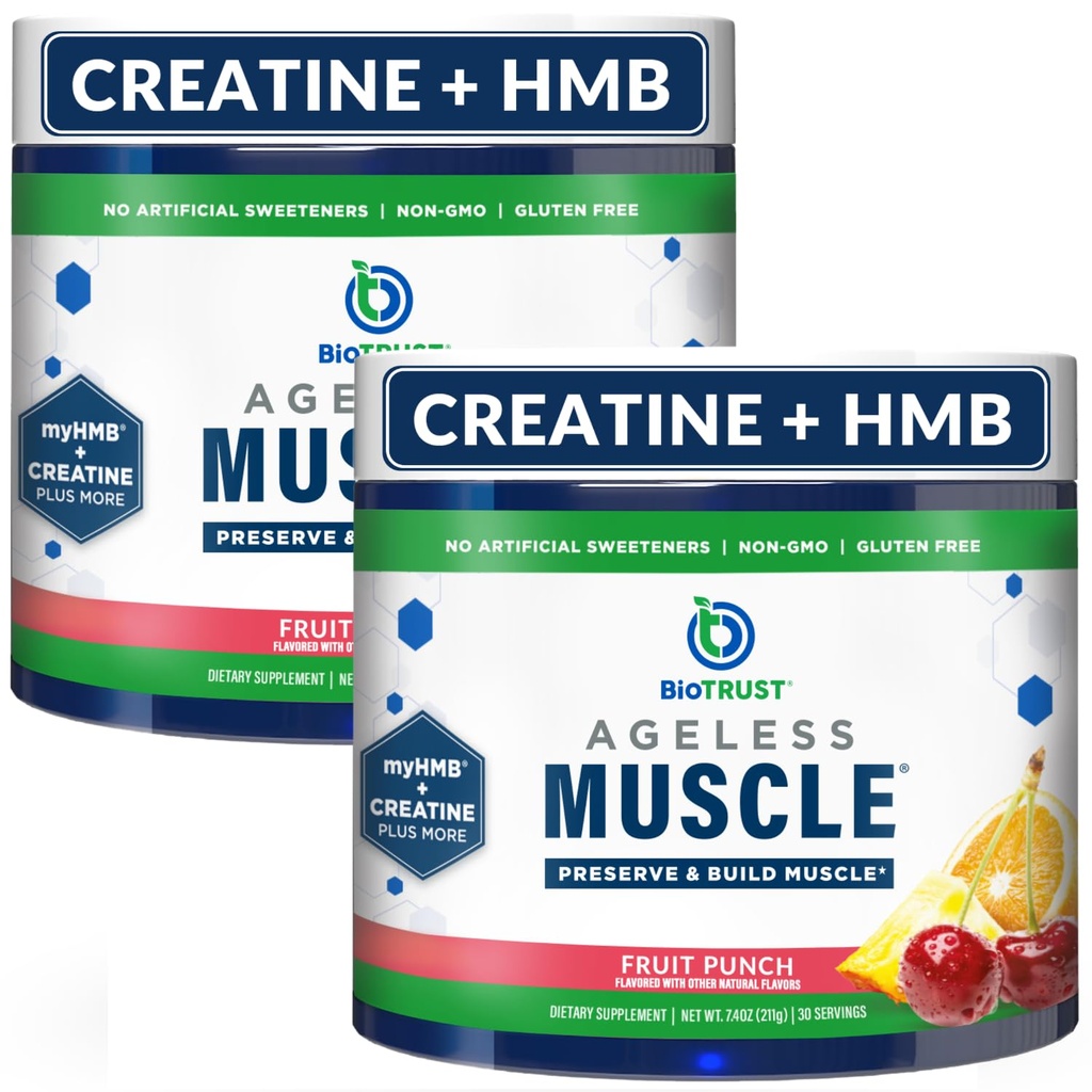Constructeur de muscles sans âge BioTrust - Poudre de HMB créatine avec vitamine D3 et bétaïne - construire et conserver naturellement en déclin de masse et de force musculaire - punch de fruits, 60 portions