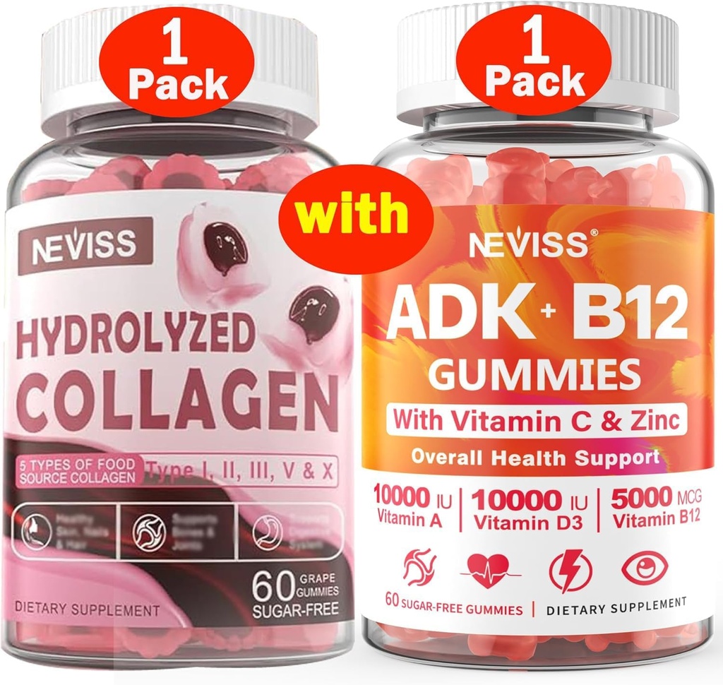 NEVISS 1Pack idrolizzato Collagen Gummies + 1Pack Vitamin ADK con B12 Gummies