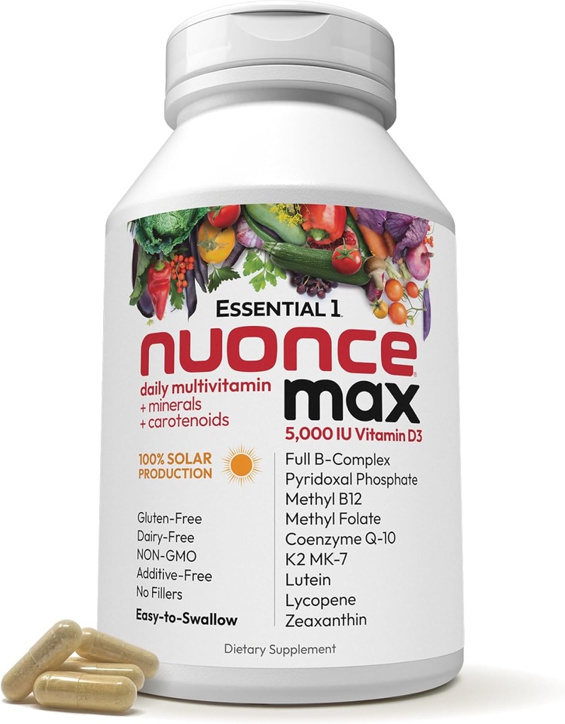 ANDREW LESSMAN Essential-1 nuonce max Multivitamin 5000 IU Vitamin D3 180 Small Capsules. 100 mcg Methyl B12. CoQ10 Lutein Lycopen Zeaxanthin. Hohe Potenz. Keine Zusatzstoffe. Ultra-Mild One Tageskapsel