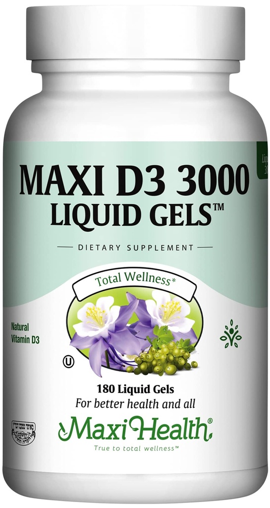 Maxi Health Vitamin D3 3000 IU 75 mcg Vitamin D Nahrungsergänzungsmittel für gesunde Knochen, Zähne, Immununterstützung - VIT D3 Nahrungsergänzungsmittel leicht zu schlucken Non-GMO, Nahrungsergänzungsmittel für Männer und Frauen – Kosher 180 Gels