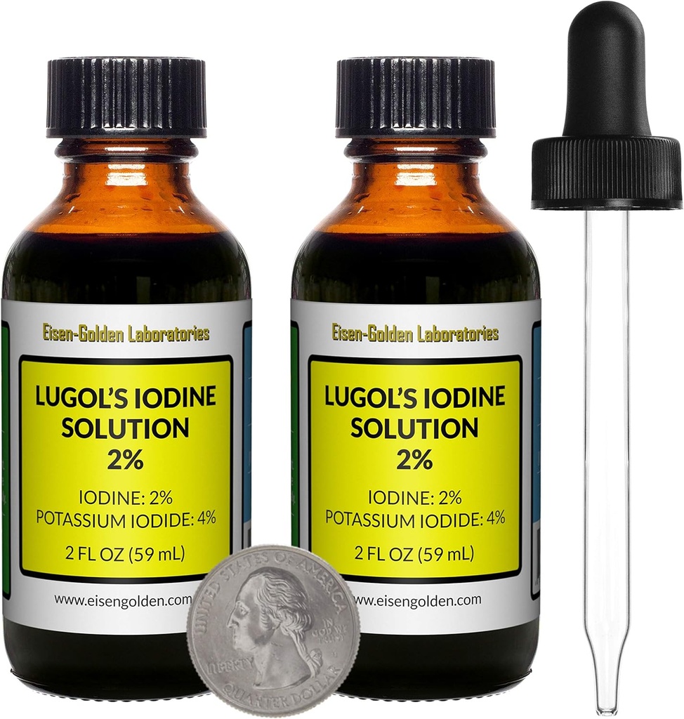 Lugol's Iodine / 2% Solution / 4 Oz in Two Amber Glass Bottles/Free Droppers/USA