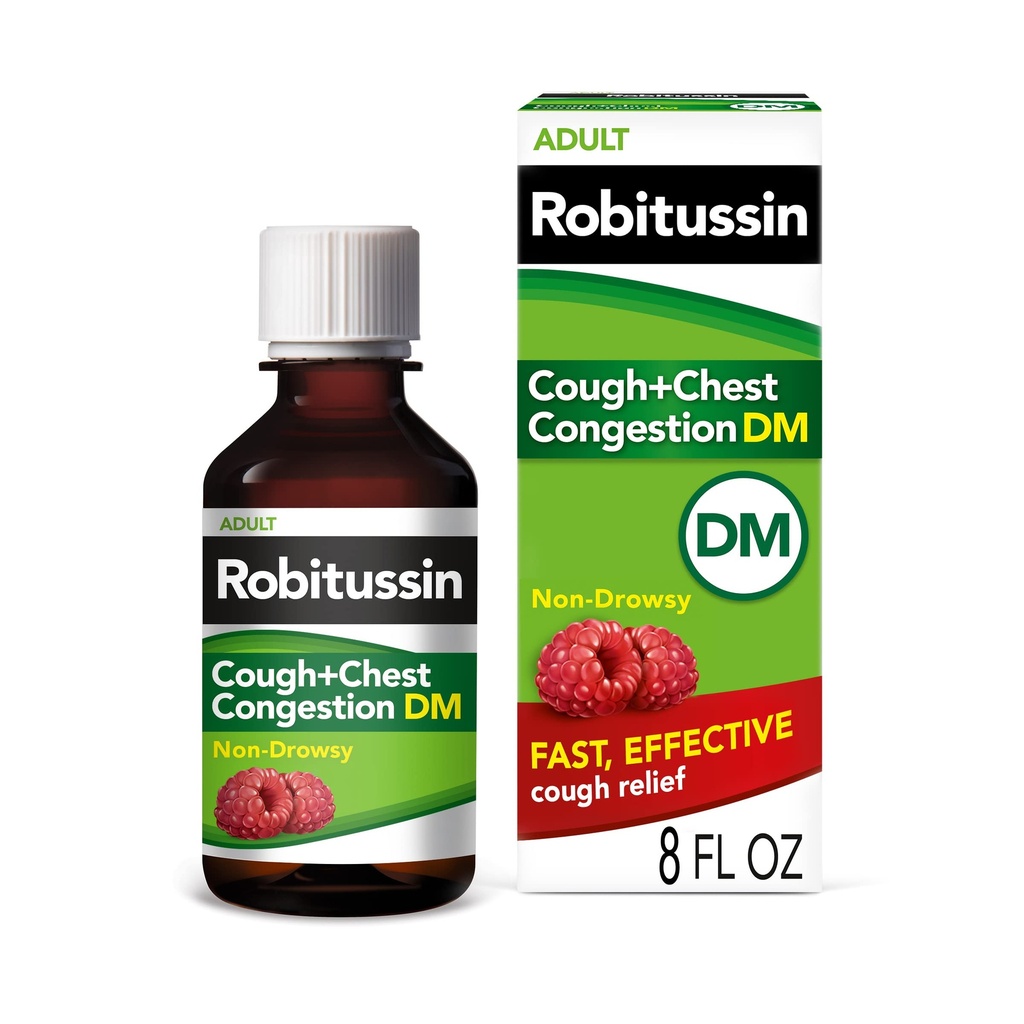 Robitussine Toux et congestion thoracique DM, Toux suppresseur et expectorant, Arôme de framboise - Bouteille Oz 8 Fl