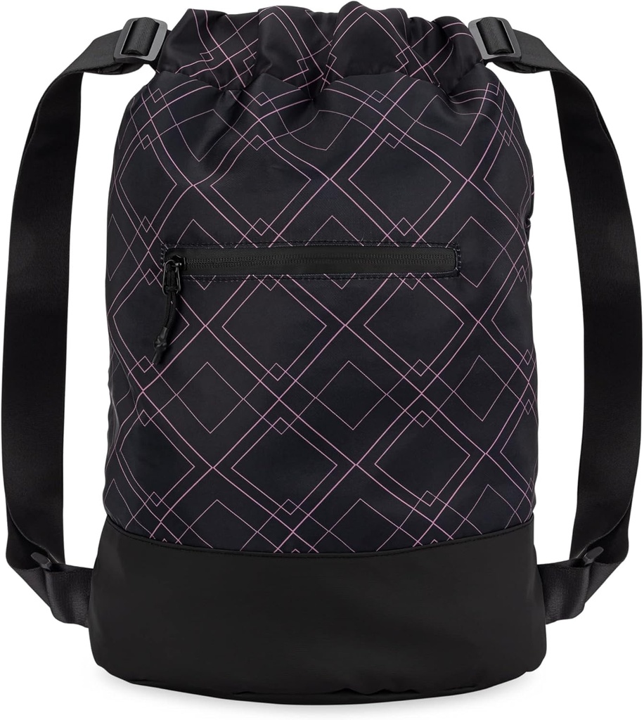 Borsa da palestra con coulisse Flex Cinch per le donne con disegni grafici | Borse da palestra durevoli leggeri | Grande per borsa da palestra, viaggi e pernottamenti | Nero/Rose - Geometric