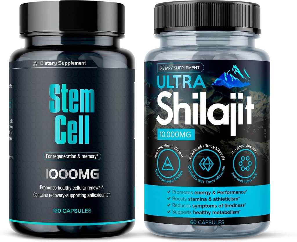Premium Stem Cell 1.000mg(120Ct) & Shilajit Supplemento 10.000mg (60Ct) | Vitality Booster Pack | Boosts Immunity & Energy | Antiaging naturale & Longevità | Spirulina, Chlorella & Mineral Extract (1)