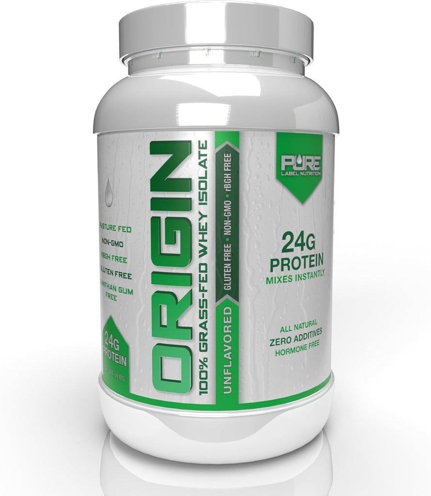 Pure Etiquette Nutrition 100% herbe-feed, non aromatisé Poudre de protéines isolées (24g) avec acides aminés essentiels, pour la récupération avant et après l'entraînement et la construction musculaire, faible graisse et faibles glucides - 2lbs