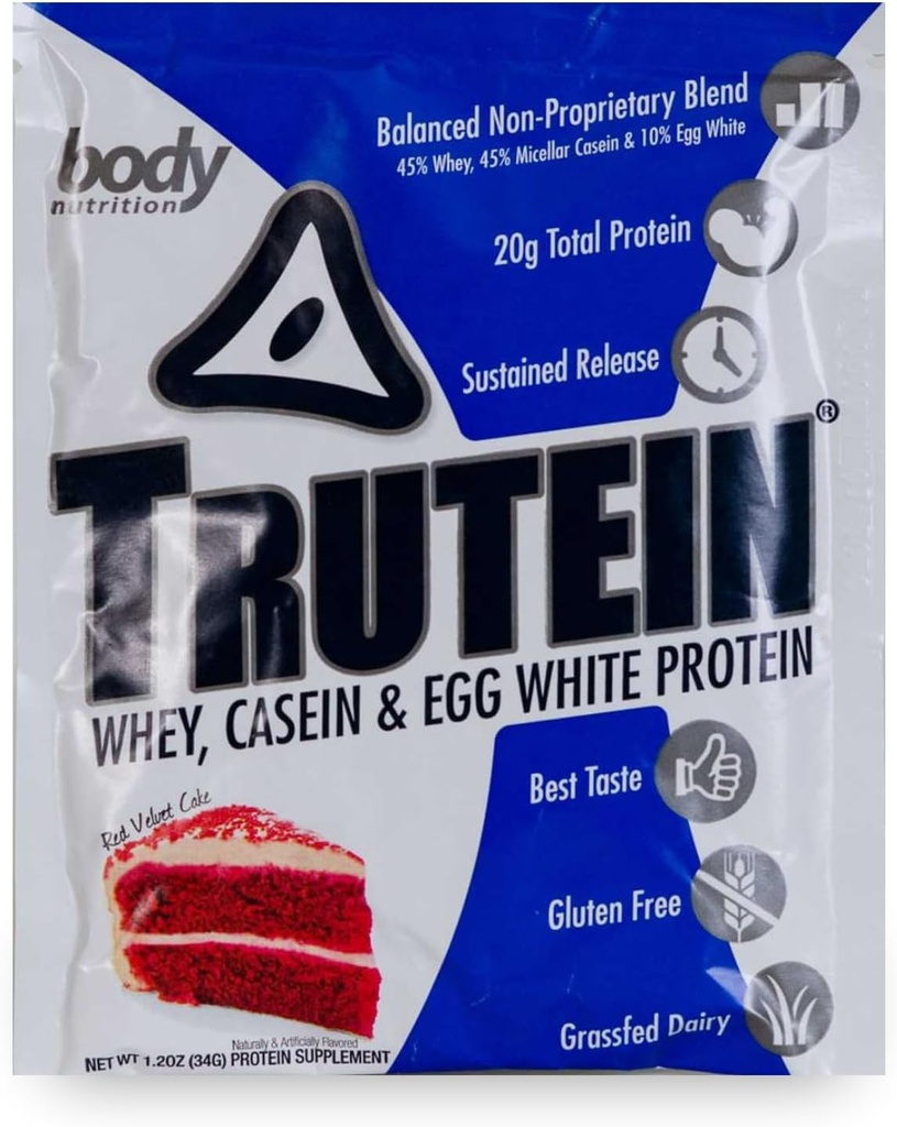 Polvere di proteina alta della Trutein del corpo: 45% Whey, 45% Casein, 10% bianco dell'uovo, senza glutine, basso sodio, polvere di proteine del siero dell'erba, supplemento di palestra & Shake di colazione, torta di velluto rosso, 34g campione