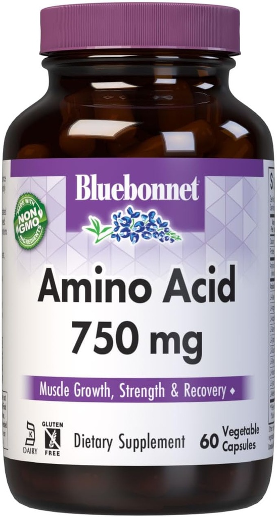 Aminoacido 750mg, ad alta potenza, per la salute del muscolo*, senza soia, senza glutine, senza glutine, non OGM, latticini di Kosher, capsule vegetali bianche 60, 15 porzioni