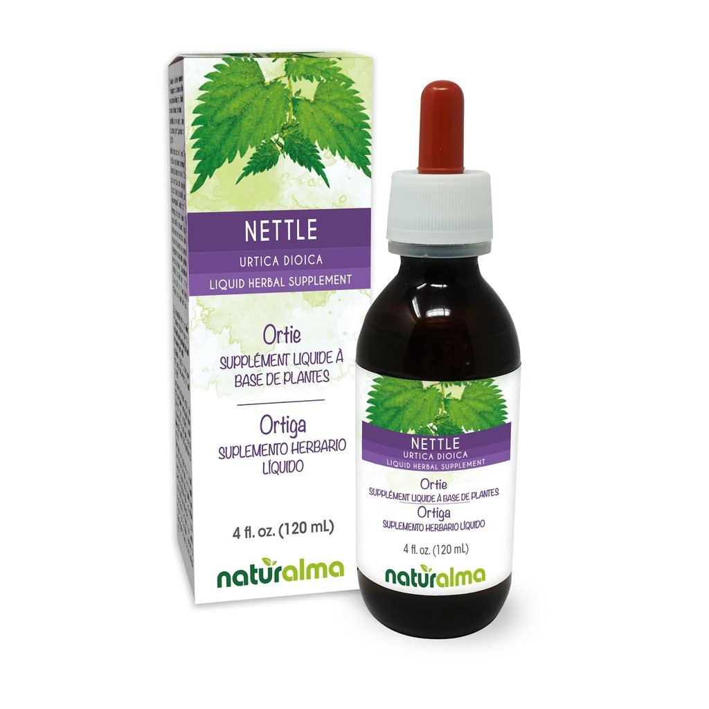 Naturalma Nettle (Urtica dioica) Teinture sans alcool à la feuille et à la racine - 4 fl oz Extrait liquide dans les gouttes - Supplément à base de plantes - Vegan