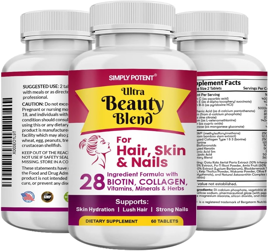 Semplicemente Potente Capelli e Vitamine Unghie, 28 Integratore Naturale Anti-Aging Ingrediente, Biotina 5000mcg per Capelli & Unghie, Cheratina & MSM per la crescita dei capelli, Collage & Acido Ialuronico per la pelle, 60 compresse