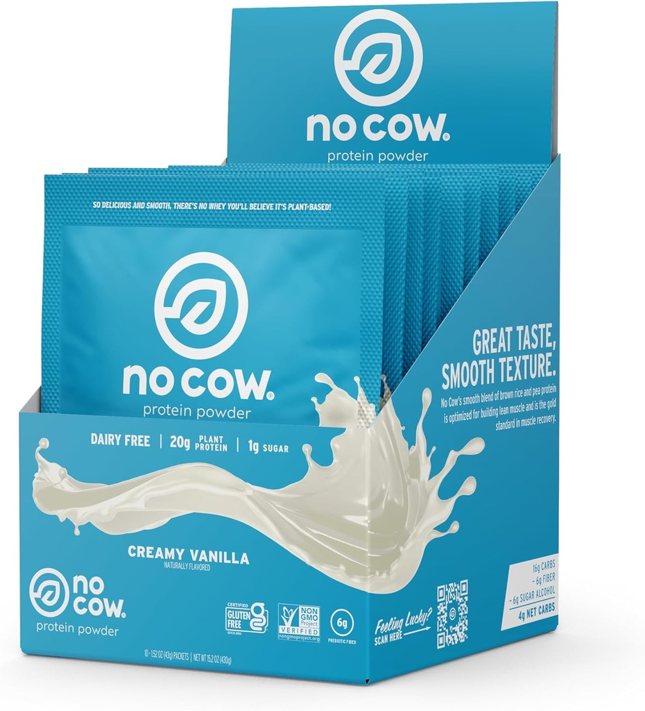 Pas de poudre de protéines véganes de vache, Vanille, 20g Protéines à base de plantes, Packets à usage unique, Sans lait, Sans soja, Sans sucre ajouté, Céto Friendly, Sans gluten, naturellement sucré, Non OGM, Casher, 10 Compte