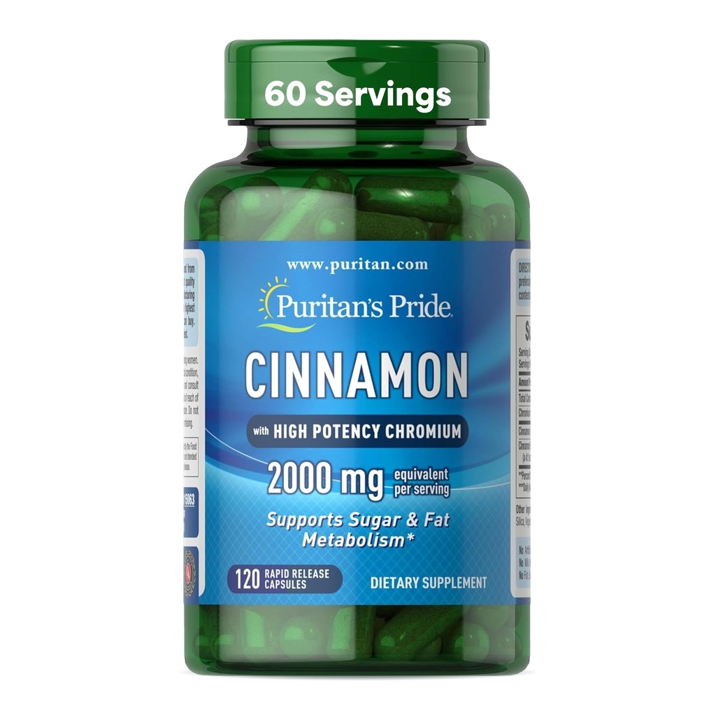 Puritan's Pride Cinnamon 875 mg (2000 mg Äquivalent) mit High Potency Chrom, unterstützt Zucker, Fett und gesunde Nährstoffe Stoffwechsel, Cellular Energy, 2 Month Supply, 120 Rapid Release Capsules