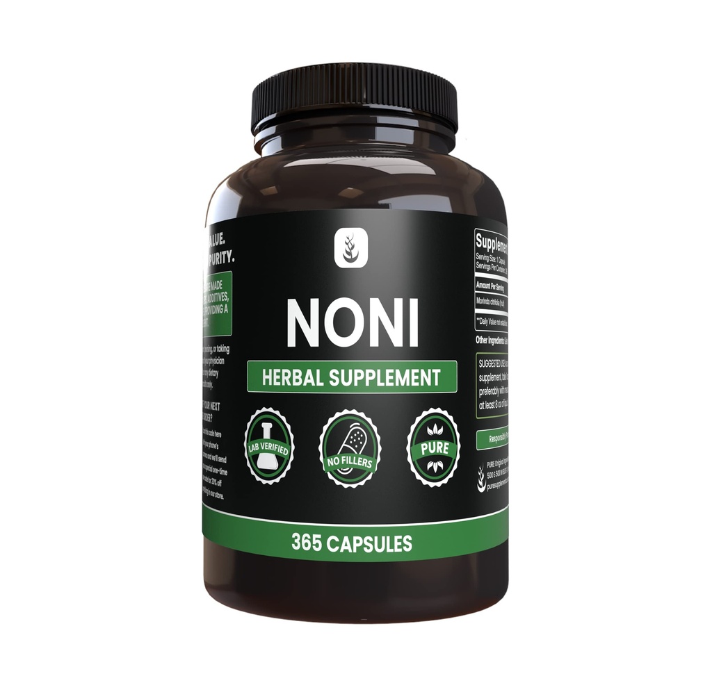 PURE ORIGINAL INGREDIENTI Noni (365 capsule) Nessun filler di magnesio o di riso, sempre puro, verificato il laboratorio