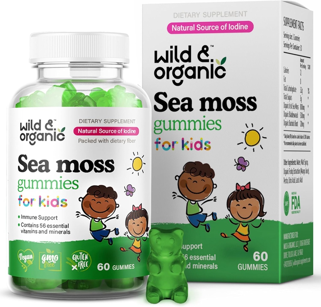 Wild & Organic Irish Sea Moss Gummi für Kinder 800mg - Immununterstützung mit Bladderwrack - Vegan Sea Moss Gel Chews für Gesamtunterstützung - 60 Non-GMO Seamoss Gel Gummis