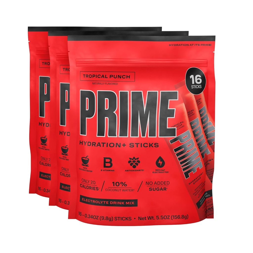 PRIME HYDRATION+ Sticks Tropical Punch | Hydration Pulver Single Serve Sticks | Elektrolytpulver auf dem Go | 250mg BCAAs, B Vitamine, Antioxidantien | Niedriger Zucker | Koffeinfrei | Vegan | 48 Sticks