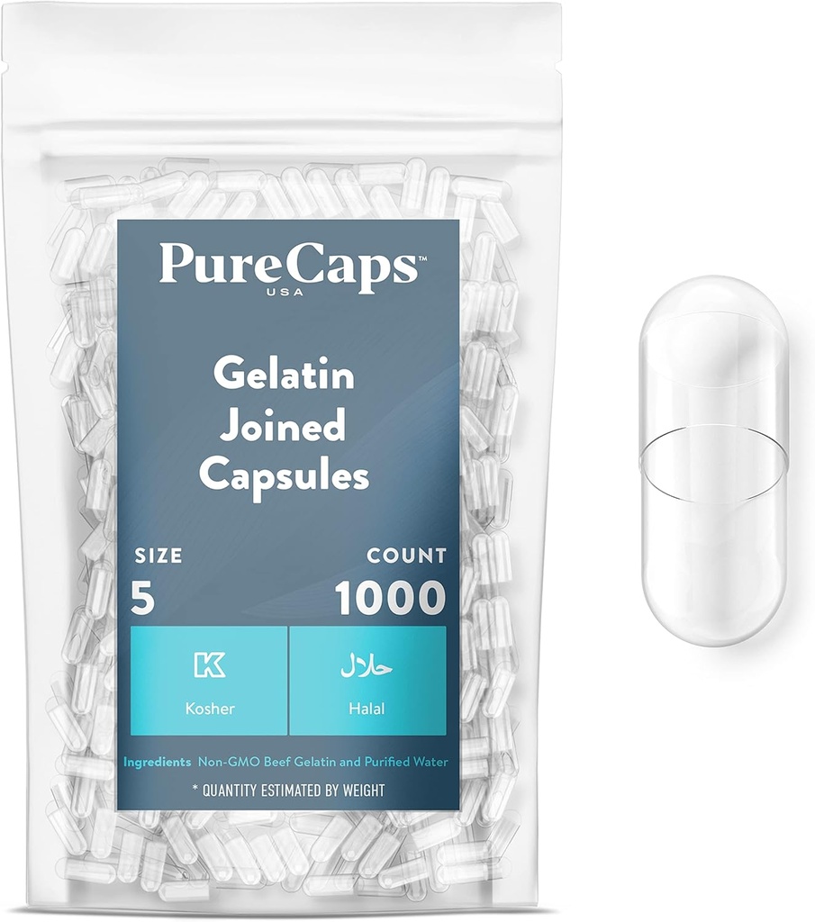 PureCaps USA - Leere Gelatine Kapseln Größe 5| 1.000 verbundenen Pillen| Clear| Nicht-GMO Zertified| SLS, Gluten, Konservierungsfrei