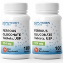 Puregen Labs Ferrous Gluconate 324 mg [High Potency] Eisen Supplement, Gentle on Stomach | 2 Pack - 200 Tabletten insgesamt