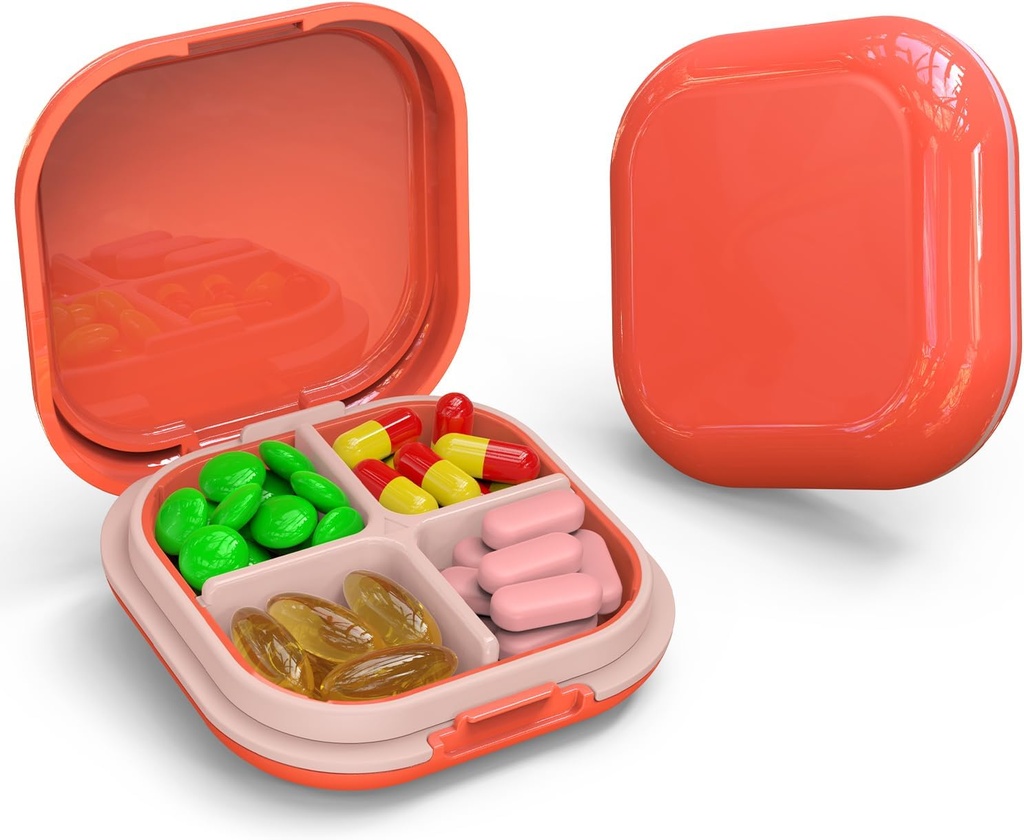 Tägliche Pille Organizer 4 Kompartimente, kleine Pille Box Portable Travel Pill Case, Mini Pill Container für Geldbörse Tasche, Kompakte Reisemedizin Organizer für Vitamin, Cod Liver Oil, Supplement (Pink)