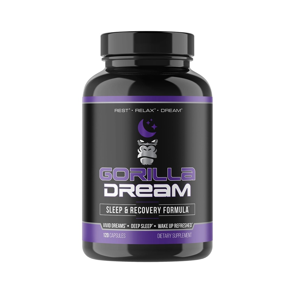 Supplément de sommeil Gorilla Mind Dream (120 gélules) - Supplément de sommeil et de récupération complet infusé par les nootropes - GABA, Mélatonine, racine valériane, magnésium, L-théanine, sensoril, ashwagandha et plus
