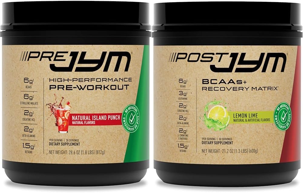 JYM Pre Workout, Post Workout, and BCAA Muscle Building Supplements Bundle with Pre JYM Powder, Post JYM Active Matrix, 30 Servings Each