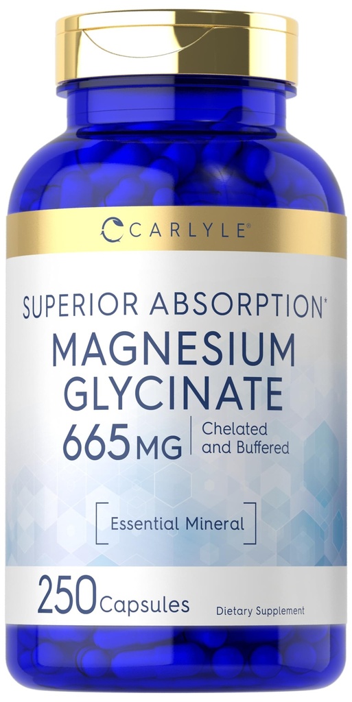 Carlyle Magnésium Glycinate de 665 mg de 250 Capsules de formule sans OGM et sans gluten