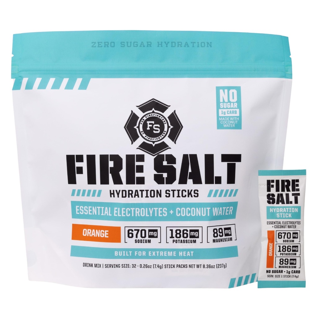 Fire Science Fire Salt Hydration Sticks, Elektrolyte & Kokoswasser, Hydration Drink Mix mit Magnesium, Kalium & Natrium, Zero Sugar, Single Serve on the Go Packs, Vegan, Orange Flavor, 32 Count