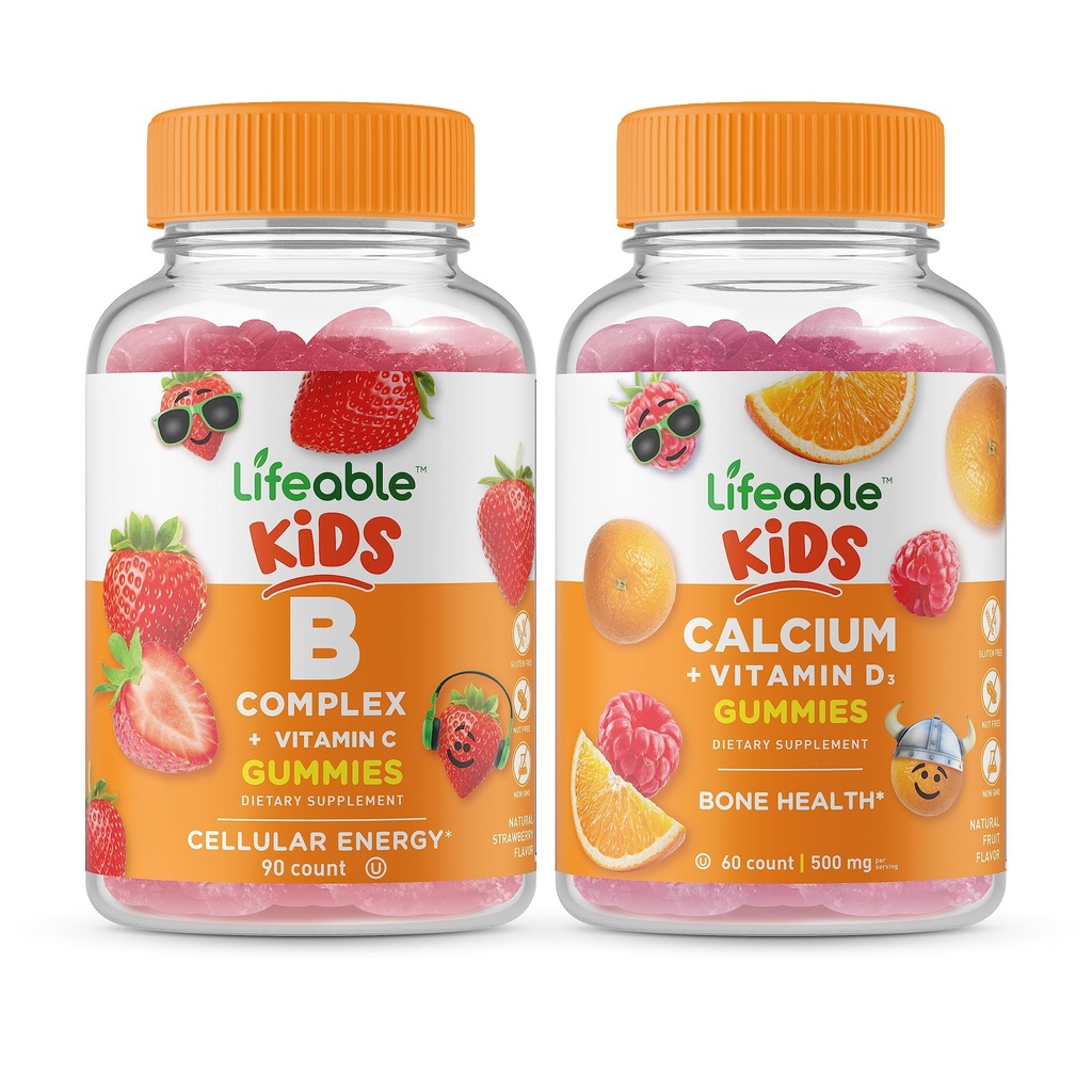 Lifeable B Complex Kids + Calcio con Vitamina D Kids, Gummies Bundle - Grande degustazione, Integratore di vitamina, Senza glutine, OGM Free, Gummy masticabile