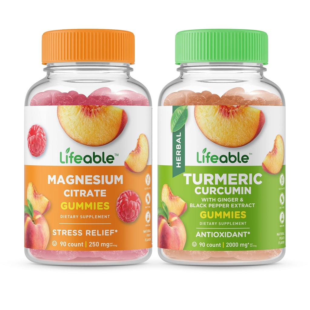 Magnésium vivace 85mg + Curcumine curcuma, Gummies Bundle - Grande dégustation, supplément de vitamine, sans gluten, sans OGM, gummy à croquer