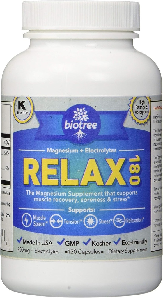 BioTree Labs Relax 180 - Pack von 120, Magnesium & Kalium Supplement mit Elektrolyten | Unterstützt Muskelschmerzen, Spasms & Spannung | 60 Tage