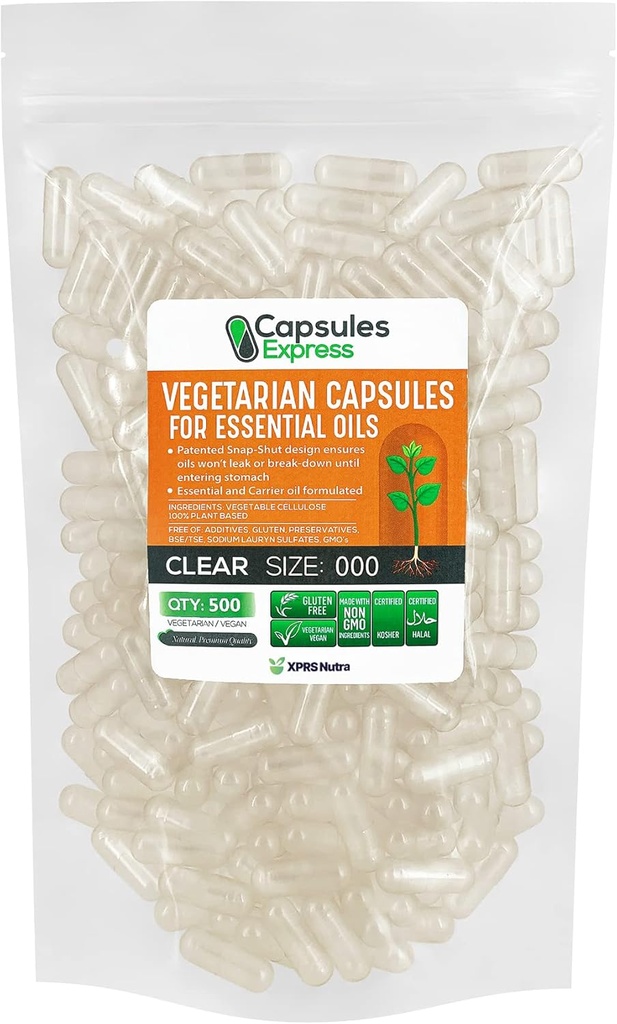 XPRS Nutra Taille 000 Capsules Vegan vides - 500 Compte Grandes Capsules Végétiques claires pour la plupart des huiles essentielles - pilules végétales vides - remplissage d'huile de bricolage
