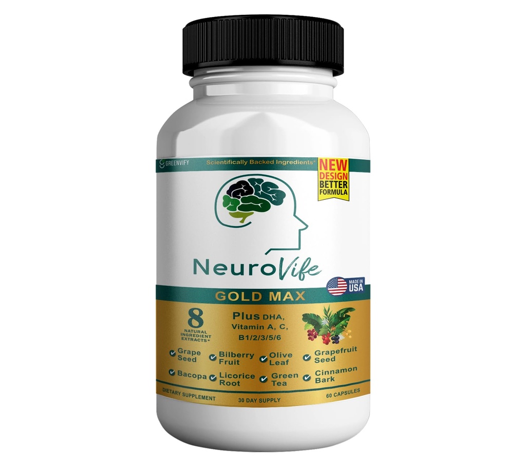 NeuroVife Gold Max Brain Support Supplemento | 8 estratti naturali con DHA, Vitamine A, C, B Complex | 60 capsule vegetali | Made in USA (1)