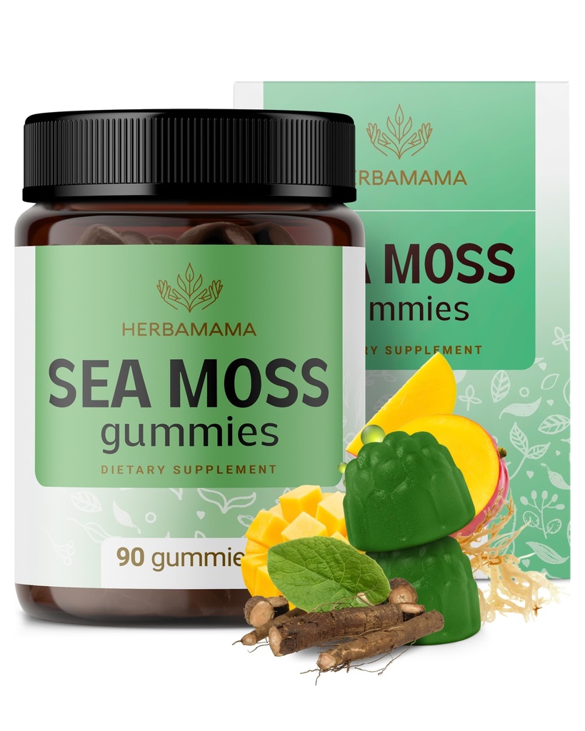 HERBAMAMA Irish Sea Moss Gummies - 1600mg True Sea Moss Supplement con Bladderwrack e Burdock Root - Vegan, Non OGM Skin Glow, Energy & Immune Support - 90 Pectin-Based Mango-Flavored Chews
