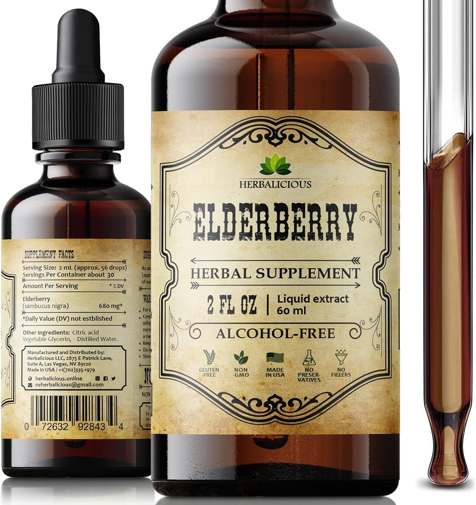 Organic Elderberry Extract – Natürliche Schwarze Elderberry Kräuterergänzung – Immun Boosters for Adults, Digestive & Heart Support – Antioxidantien, Vitamin C & Fiber – 2 oz Flüssigkeit für Männer & Frauen