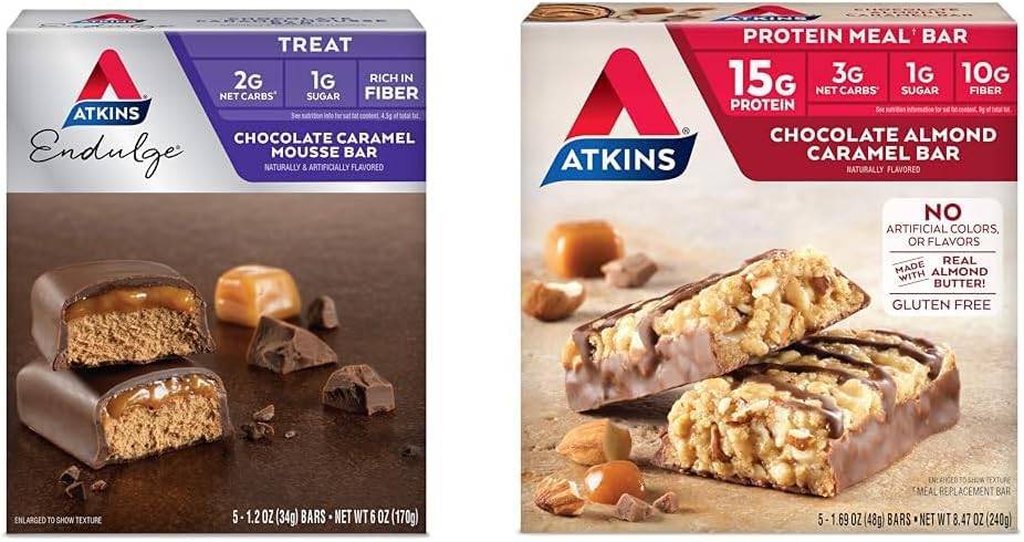 Atkins Endulge Chocolate Caramel Mousse Bar, Dessert Favorite, 1g Zucker, High in Fiber, 5 Graf & Schokolade Mandel Caramel Bar, Keto-Friendly, Gluten frei mit echten Mandel Butter, 5 Graf (Pack mit 1)