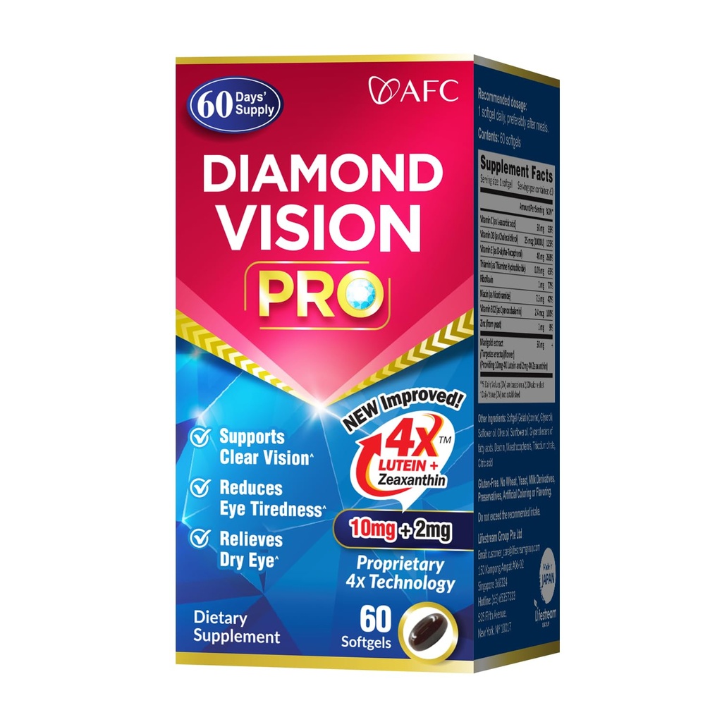 AFC Japan Diamond Vision PRO – Formula migliorata e aggiornata - Lutein & Zeaxanthin 4X con Vitamine Occhiali – Integratore di Salute Visiva per Adulti, Esposizione Schermo, Uso Notturno, 60 Softgels