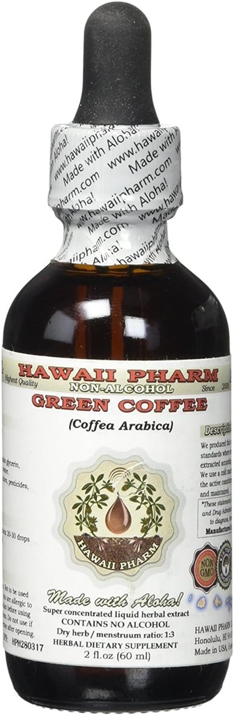 Grüner Kaffee Alkoholfreie Flüssigkeit Extrakt, Grüner Kaffee (Coffea Arabica) Getrocknete Bohnen Glycerite Hawaii Pharm natürliche Kräuterergänzung 2 oz