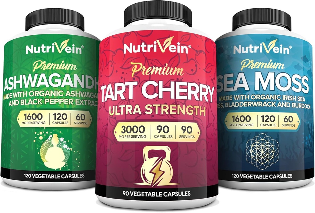 Nutrivein Irish Sea Moss Capsules, Ashwagandha e Tart Cherry Capsule Bundle: Sea Moss, Tart Cherry Supplement, & Ashwagandha Supplements | Supports Digestive Wellness and Daily Nutrition