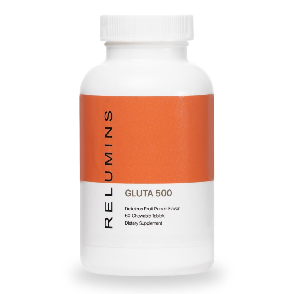 Relumins Gluta 500 Kautabletten mit Glutathion, Hyaluronsäure, Vitamin C, Biotin & Collagen – unterstützt Hautton & Glow – Frucht-Punch Flavor – Made in USA – 60 Tabletten