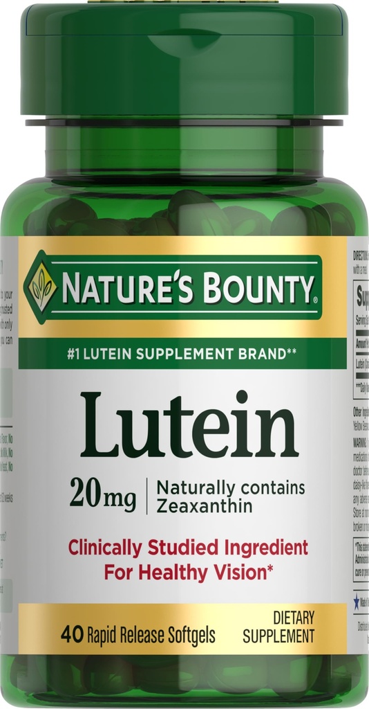 Natur Bounty Lutein Pillen, Augengesundheit Nahrungsergänzungsmittel und Vitamine, Unterstützung Vision Gesundheit, 20 mg, 40 Softgels