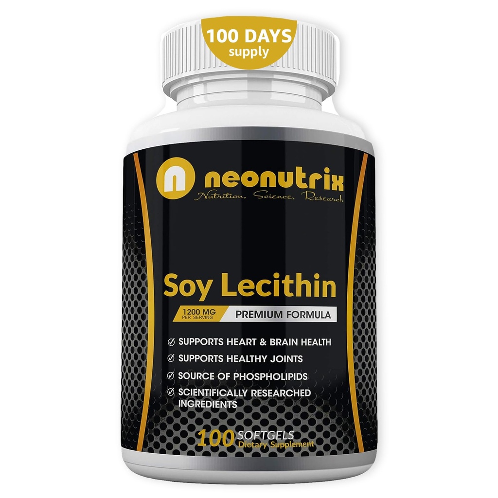 Lécithine de soja Capsules 1200mg (Un par jour, 100 Softgels) Supplément de soutien immunitaire Riche en Phospholipides soutient le métabolisme, le cerveau et la santé cardiaque et fonctions cellulaires Fabriqué aux États-Unis Non-OGM par Neonutrix